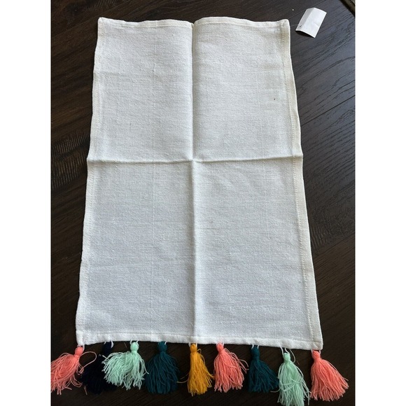 Lot of 2 TASSEL WHITE LINEN MINT CORAL ORANGE TEAL KITCHEN Tea TOWEL NWT - Picture 3 of 6